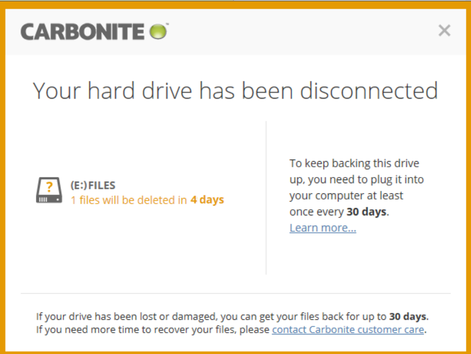 Carbonite Windows Client: Your hard drive has been disconnected